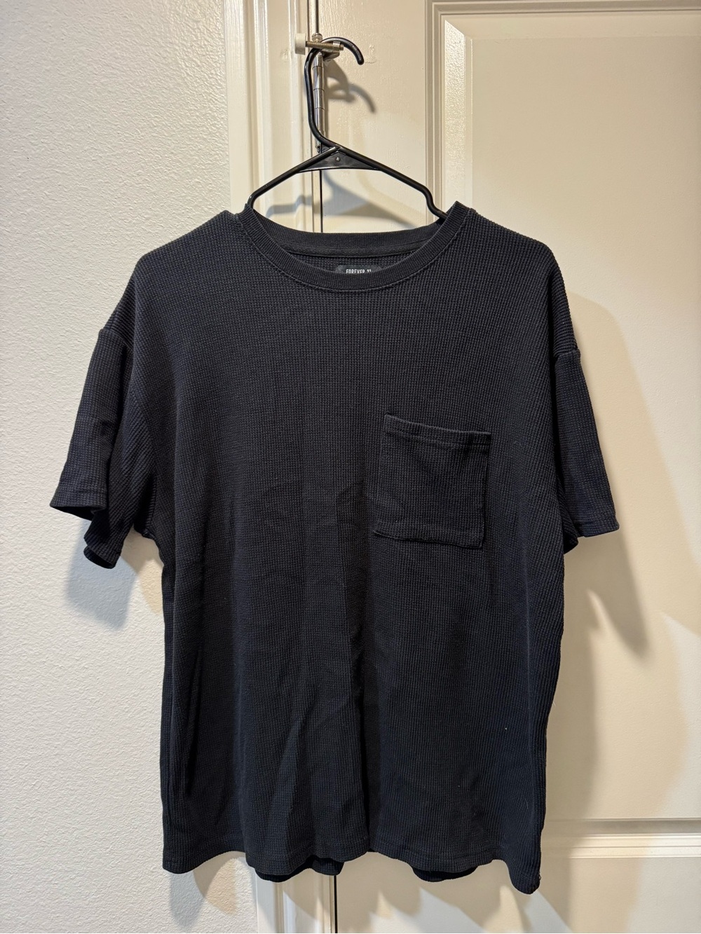 Forever 21 Black Waffle Knit Short Sleeve Pocket Tee